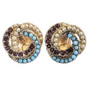 💙 Vintage 60's Blue Purple Rhinestone Pearl Seed Bead Cluster Clip Earrings